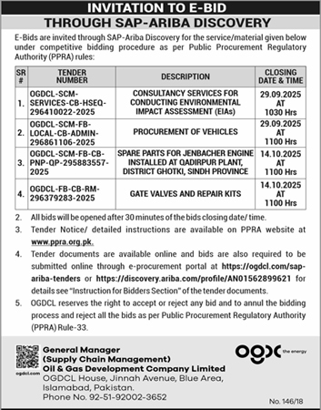 Oil & Gas Development Company Limited Islamabad Tender Notice